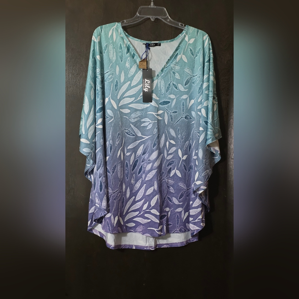 Lily by Firmiana Teal-to-Blue Leaf Print Poncho Top HI--LO Womens Size 3XL